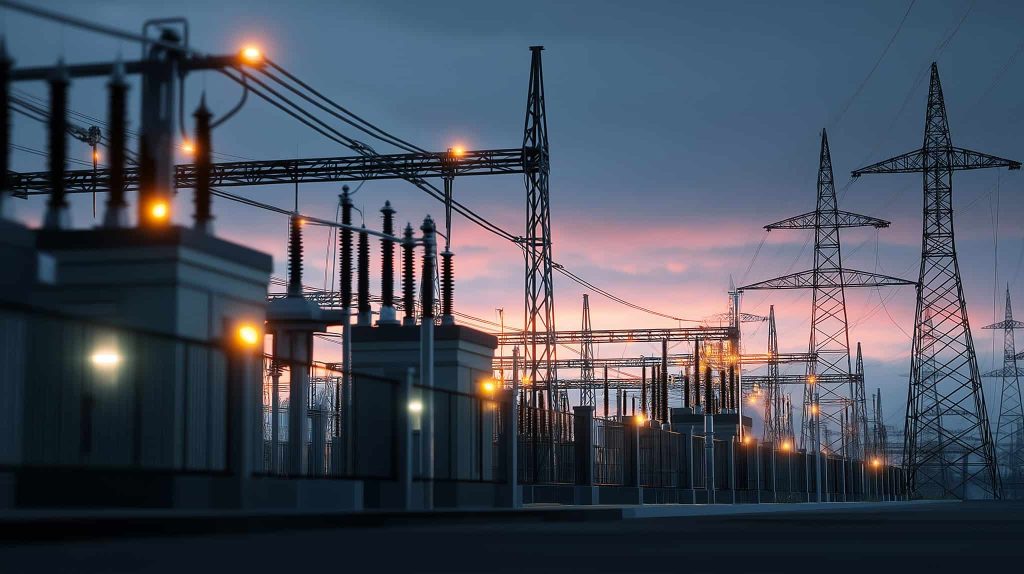 Industrial electrical transformers aligned in a power substation