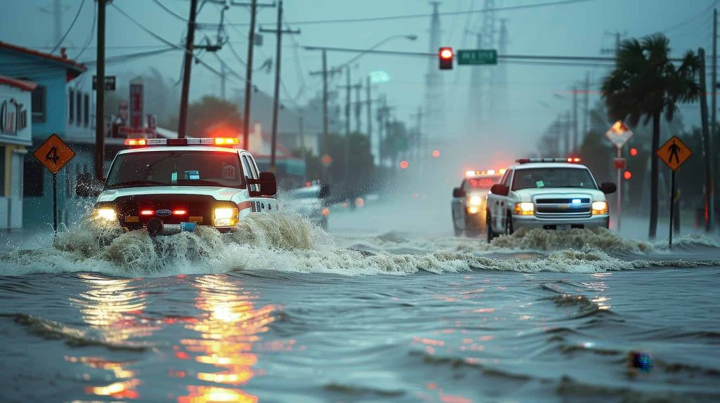 first responder vehicles driving through flooded streets after a storm